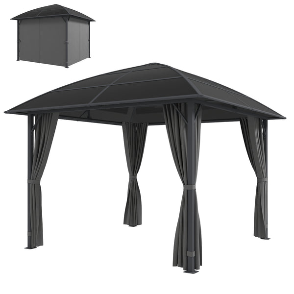 10 ft x 10 ft rigid roof gazebo with steel frame, central hook and curtains, light grey, made of UV50+ anti-polycarbonate.