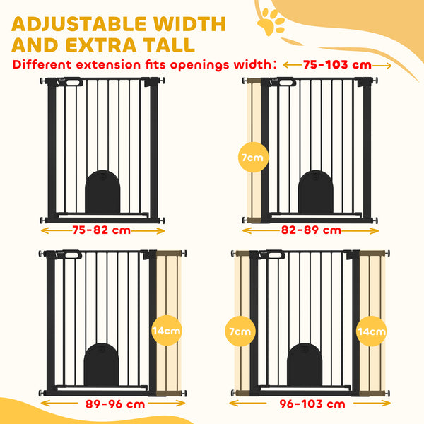 Extra Wide Pet Gate 30-41" with Small Door, Pressure Fit for Stairs, Black