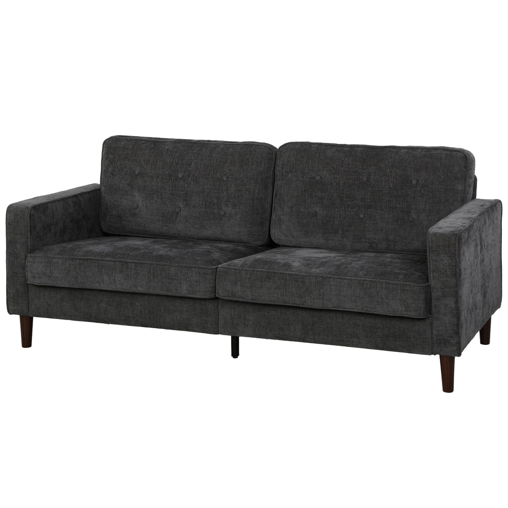 Tufted 3-seater sofa with padded cushions and wooden legs, dark grey.