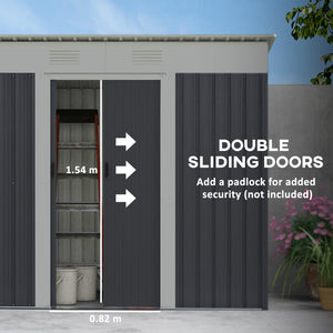 Metal garden shed with lockable sliding doors and ventilation