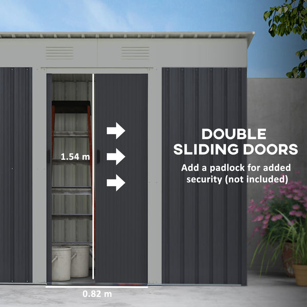 Metal garden shed with lockable sliding doors and ventilation