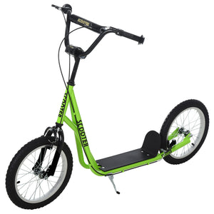 Scooter with 16-inch inflatable wheels and double brakes, green