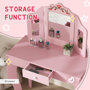 Dressing table with removable tri-fold mirror and drawer, pink