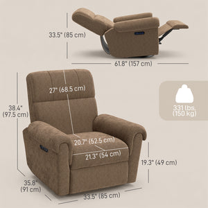 Electric reclining chair, upholstered in fabric, with USB ports, swivel and rocking function, and footrest.