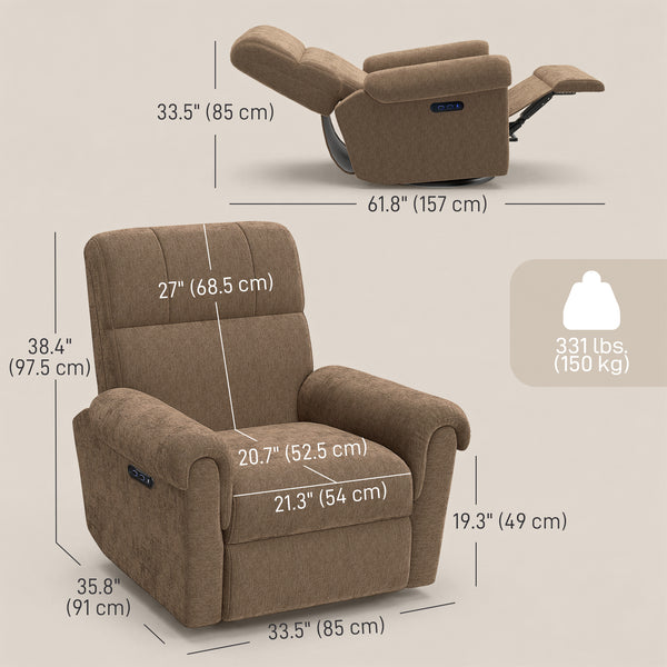 Electric reclining chair, upholstered in fabric, with USB ports, swivel and rocking function, and footrest.