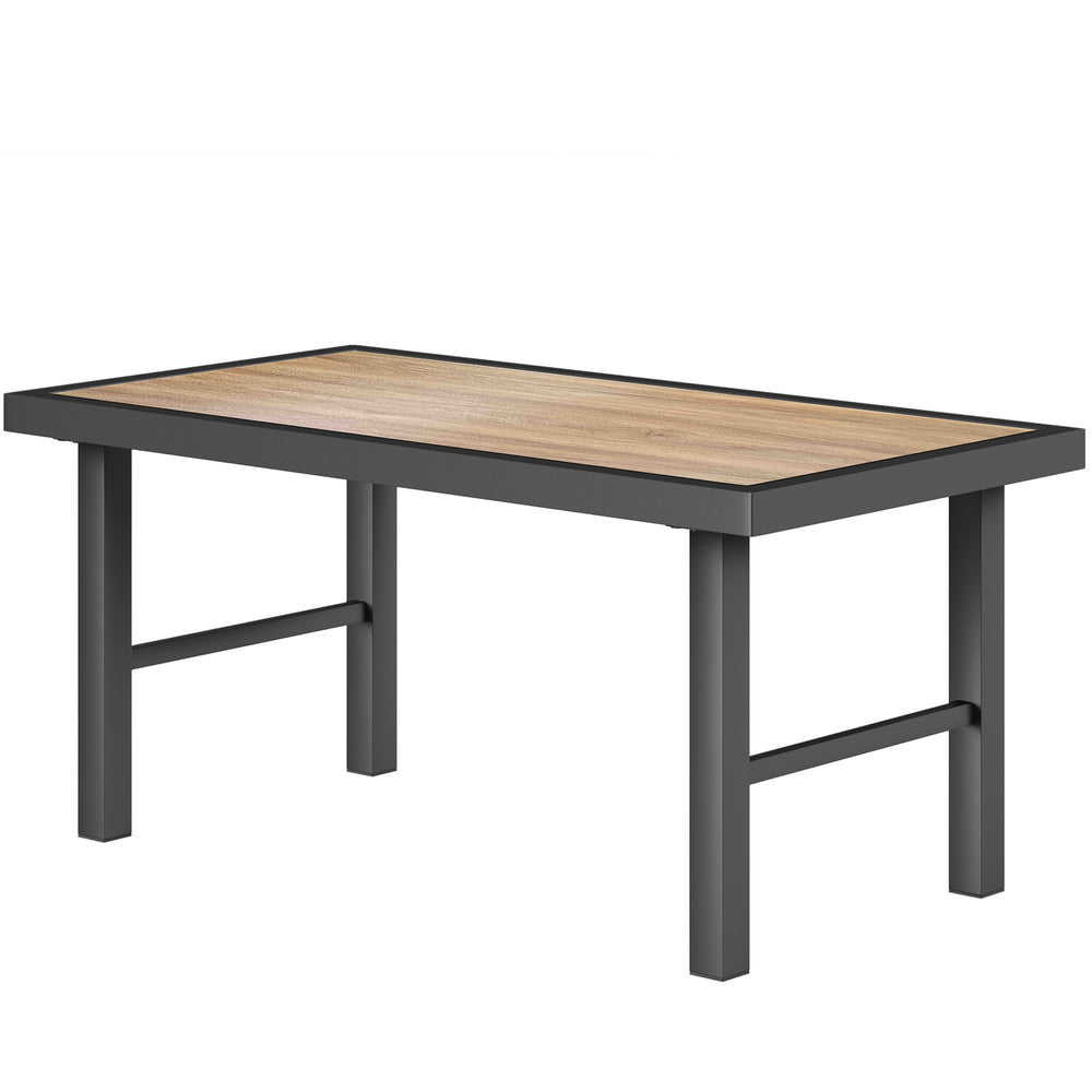 Outdoor side table with wood-look top, metal frame for garden, brown