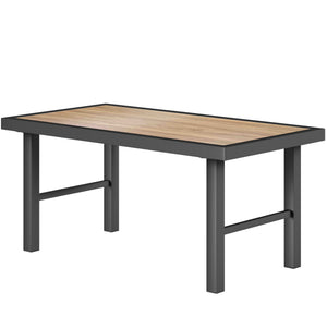 Outdoor side table with wood-look top, metal frame for garden, brown