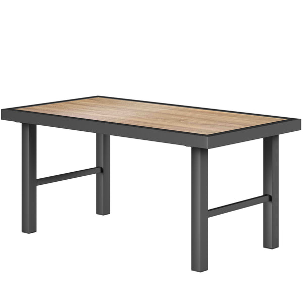 Outdoor side table with wood-look top, metal frame for garden, brown