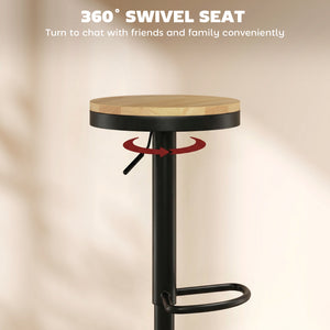 Set of 2 wooden bar stools, swivel and height-adjustable, natural wood and black.