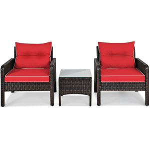 3-Piece Outdoor Patio Rattan Conversation Set with Seat Cushions - Red