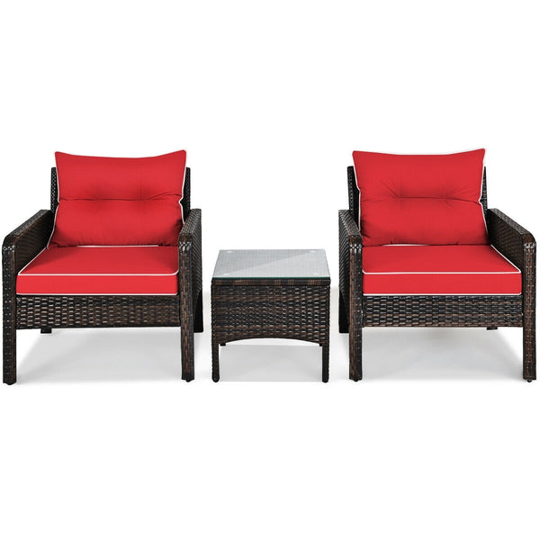 3-Piece Outdoor Patio Rattan Conversation Set with Seat Cushions - Red