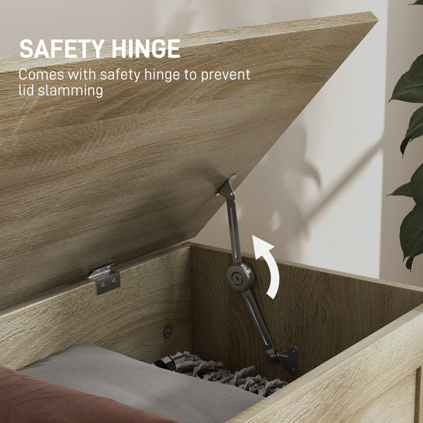 Storage trunk with safety hinge, natural wood look