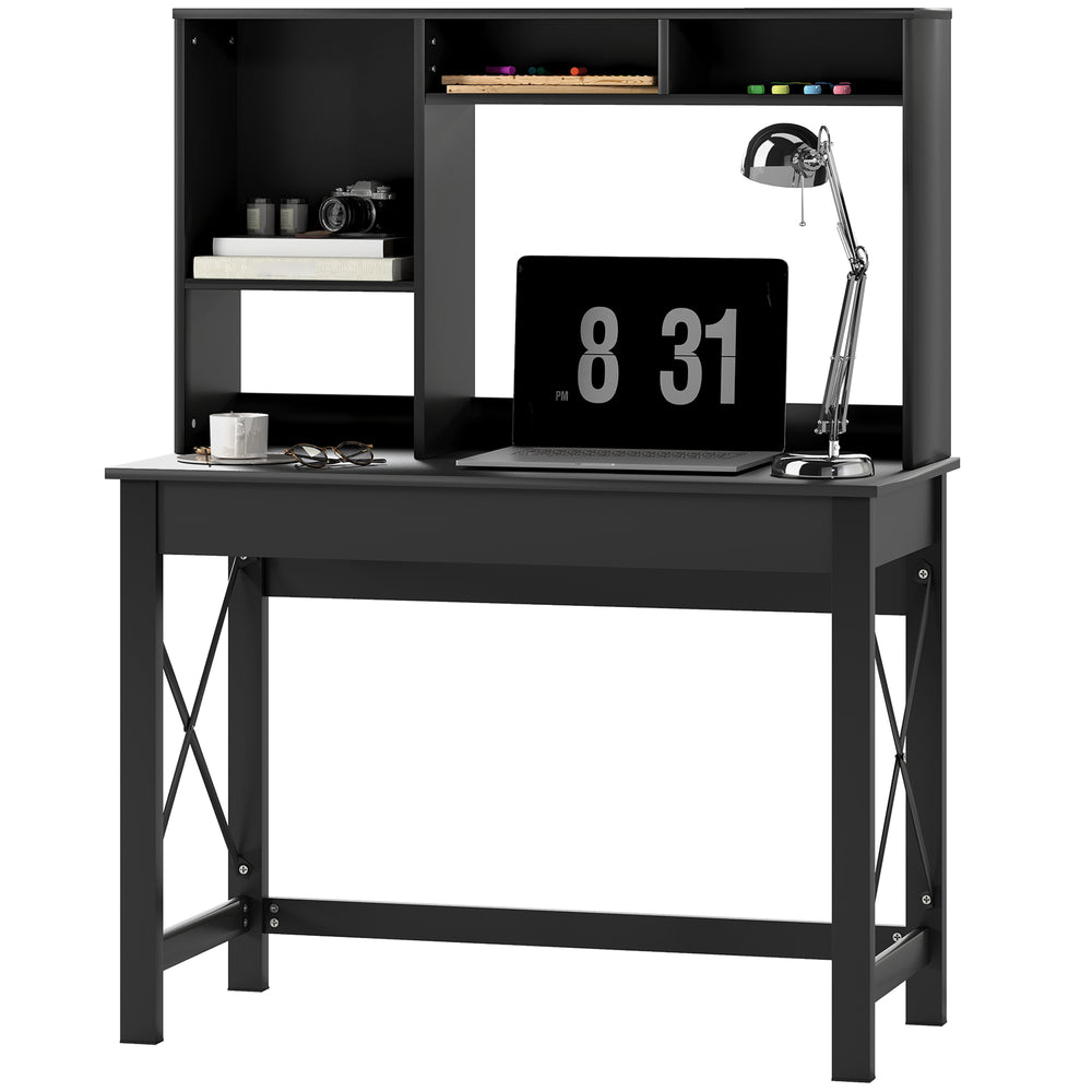 Computer desk with shelf, storage and open compartments, black
