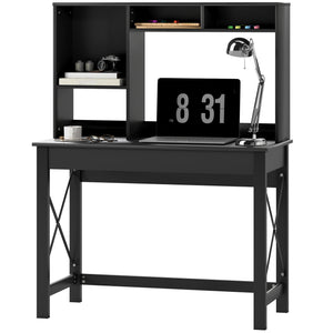Computer desk with shelf, storage and open compartments, black