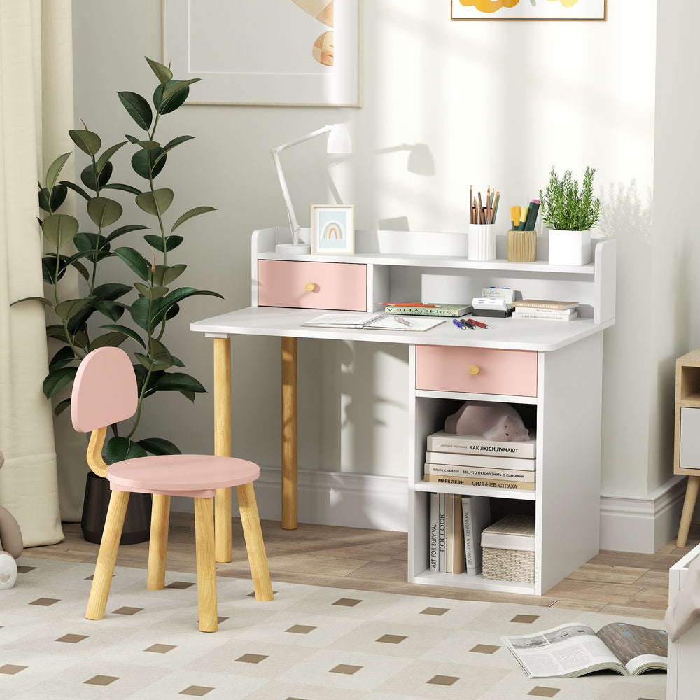 Table and chair set with storage and shelves, pink