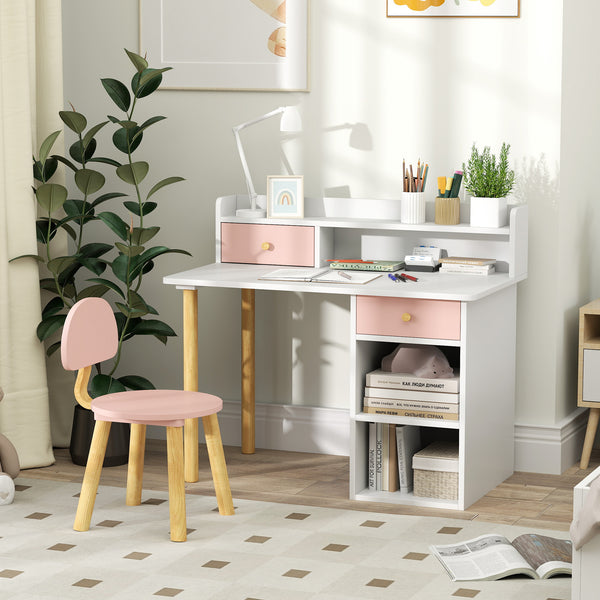 Table and chair set with storage and shelves, pink