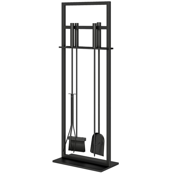 5-piece fireplace tool set with stand, shovel, brush, poker, and tongs – Black