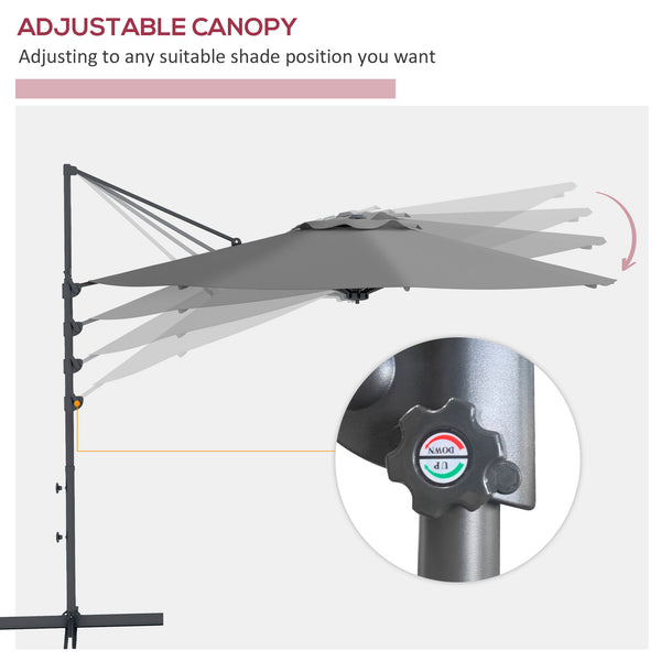3 m offset parasol, aluminium, 360° rotating, with crank, tilting and cross base, grey