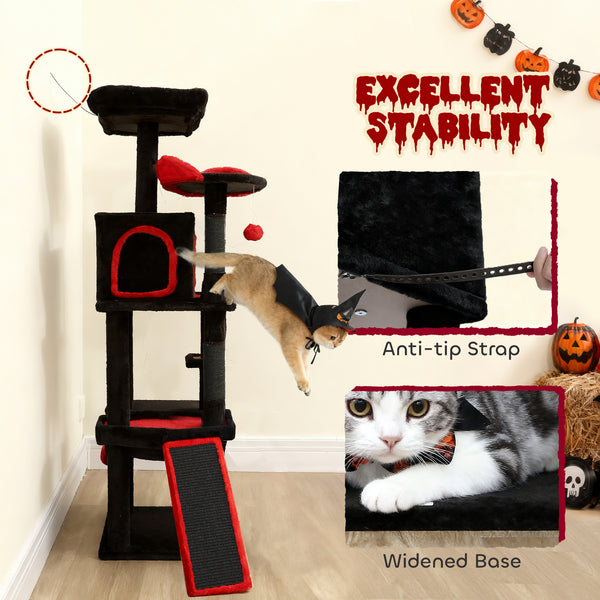 60" Tall Gothic Cat Tree with Coffin Bed, Scratching Posts &amp; Sisal Ramp, Black