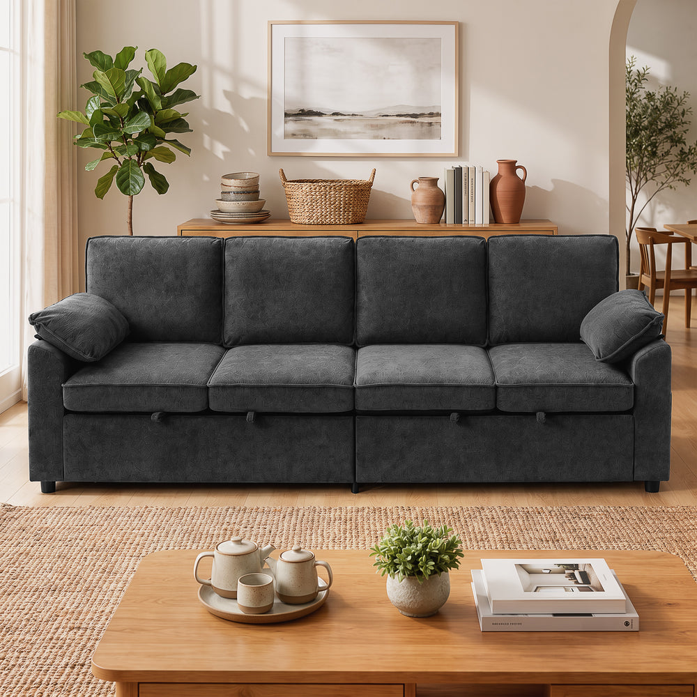 4-seater chenille sofa bed with independent dual sliding mechanism, grey
