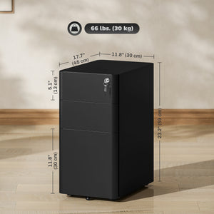 3-Drawer Filing Cabinet, Lockable Steel Storage Cabinet with Hanging Bar for Letter, A4 and Legal Files, Black