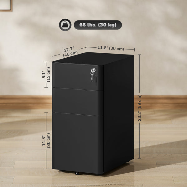 3-Drawer Filing Cabinet, Lockable Steel Storage Cabinet with Hanging Bar for Letter, A4 and Legal Files, Black