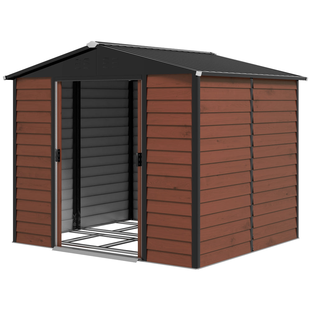Galvanized steel garden shed with lockable doors and floor structure, teak color