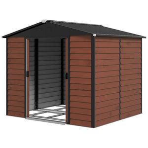 Galvanized steel garden shed with lockable doors and floor structure, teak color