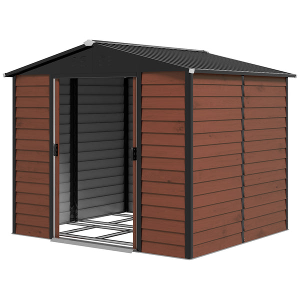 Galvanized steel garden shed with lockable doors and floor structure, teak color