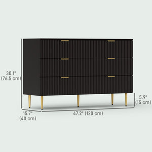 Modern 6 Drawer Bedroom Dresser with Gold Legs and Handles, Black