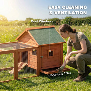Wooden coop for 2 hens, cage with run, nesting box, removable tray and waterproof roof