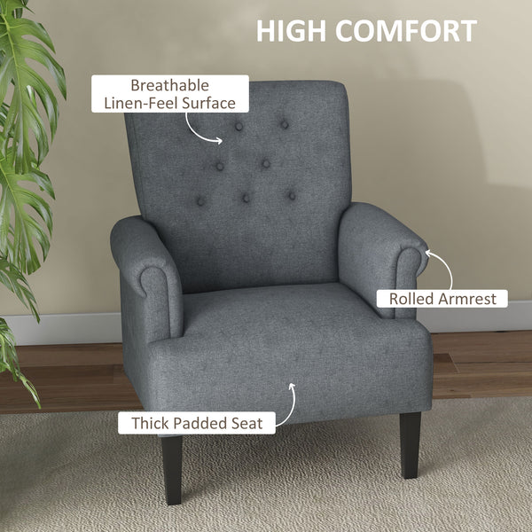 Fabric accent chair with wooden legs and rounded armrests, gray