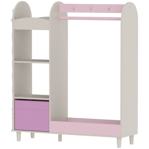 Children's wardrobe with illuminated mirror, hanging rail and storage, white/pink