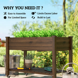 Raised wooden planter with lockable casters and storage shelf