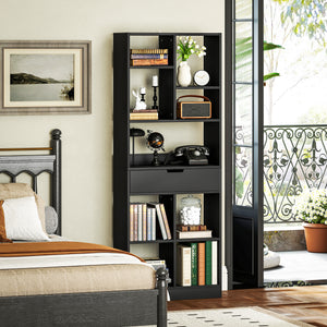 Tall bookcase with drawer, black