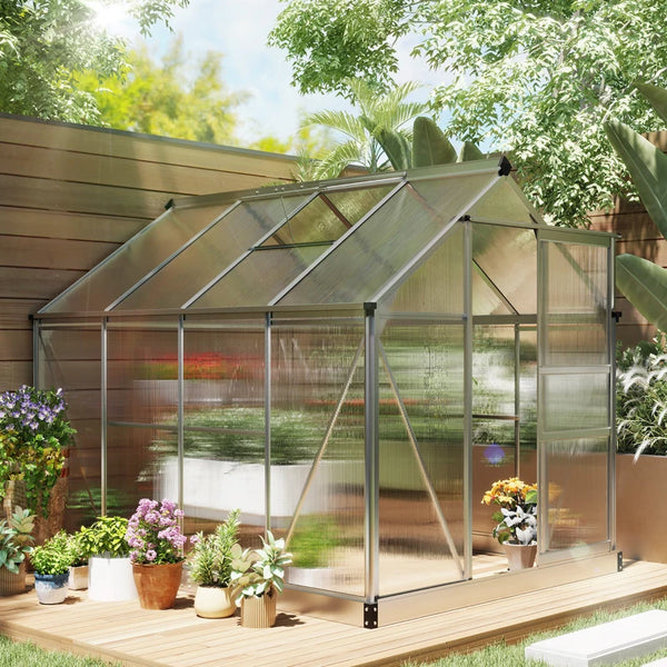 Greenhouse with gutter, ventilation and sliding door, silver