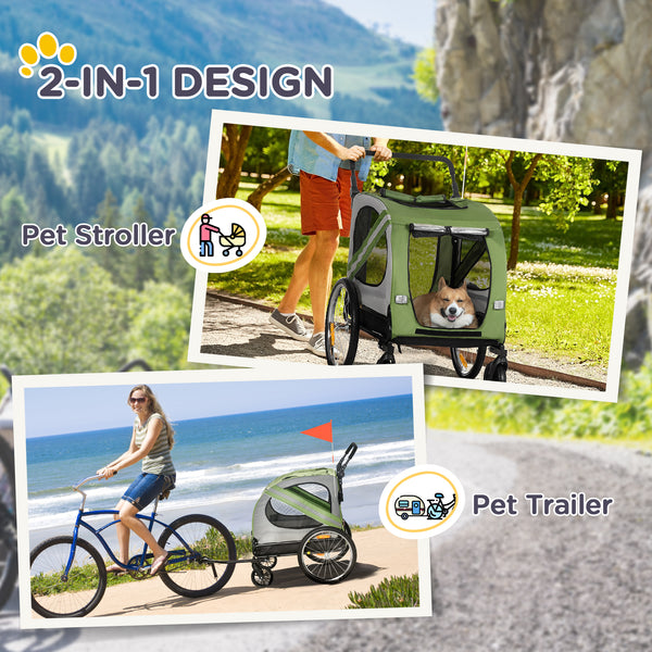 2-in-1 Dog Bike Trailer with Universal Wheel Reflectors, for Small and Medium Dogs, Green