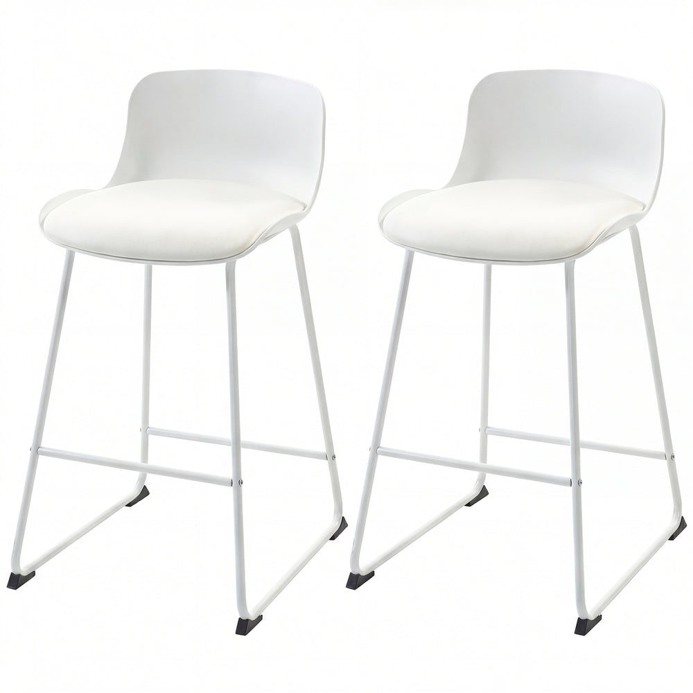 Set of 2 modern faux leather bar stools, counter height, white.
