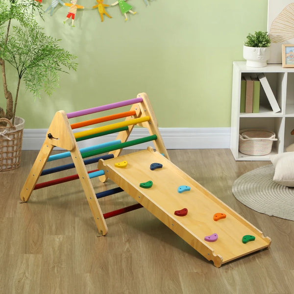 3-in-1 Multi-Colored Climbing Set with Ramp for Toddlers in Natural Wood