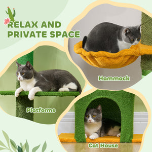 Cat tree with adjustable height from 230 to 274 cm, scratching posts, hammock, lounger and play ball, green