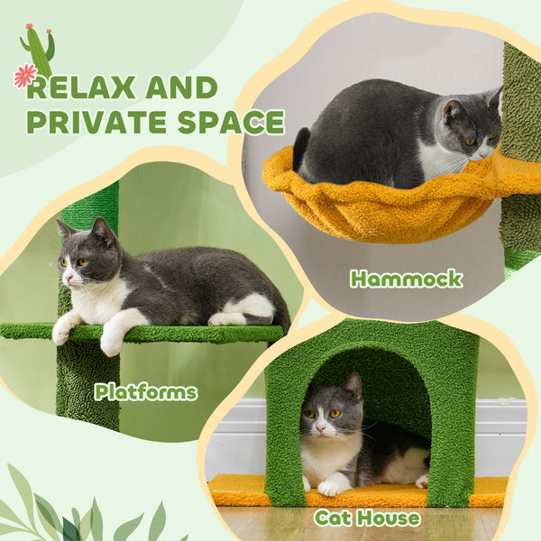 Cat tree with adjustable height from 230 to 274 cm, scratching posts, hammock, lounger and play ball, green