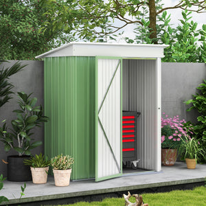 Steel garden shed with adjustable shelf, lock and gloves, green