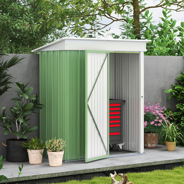 Steel garden shed with adjustable shelf, lock and gloves, green