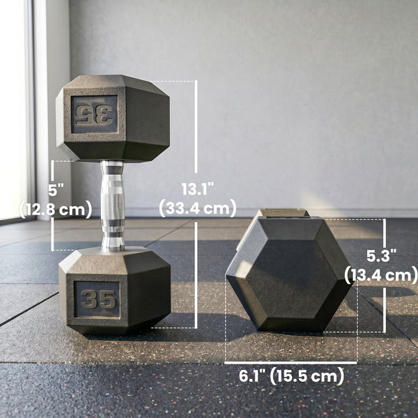 Set of two 35 lb hexagonal rubber-coated dumbbells – Black