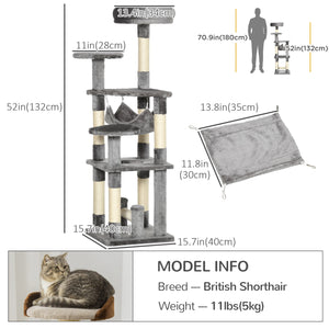 52" Multi-Level Cat Tree, Scratching Post, Playhouse with Hammock - Grey