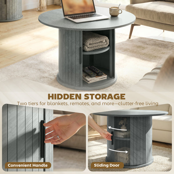 Round coffee table with fluted base and hidden sliding door storage – Cement gray