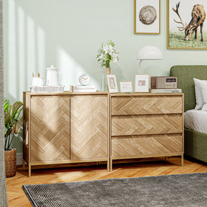 Sideboard with doors, adjustable shelf and steel legs, living room sideboard, oak
