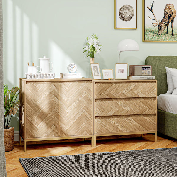 Sideboard with doors, adjustable shelf and steel legs, living room sideboard, oak