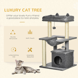 39.25" Multi-Level Cat Tree with Scratching Post, Hammock, Bed, Ball, Toy - Grey