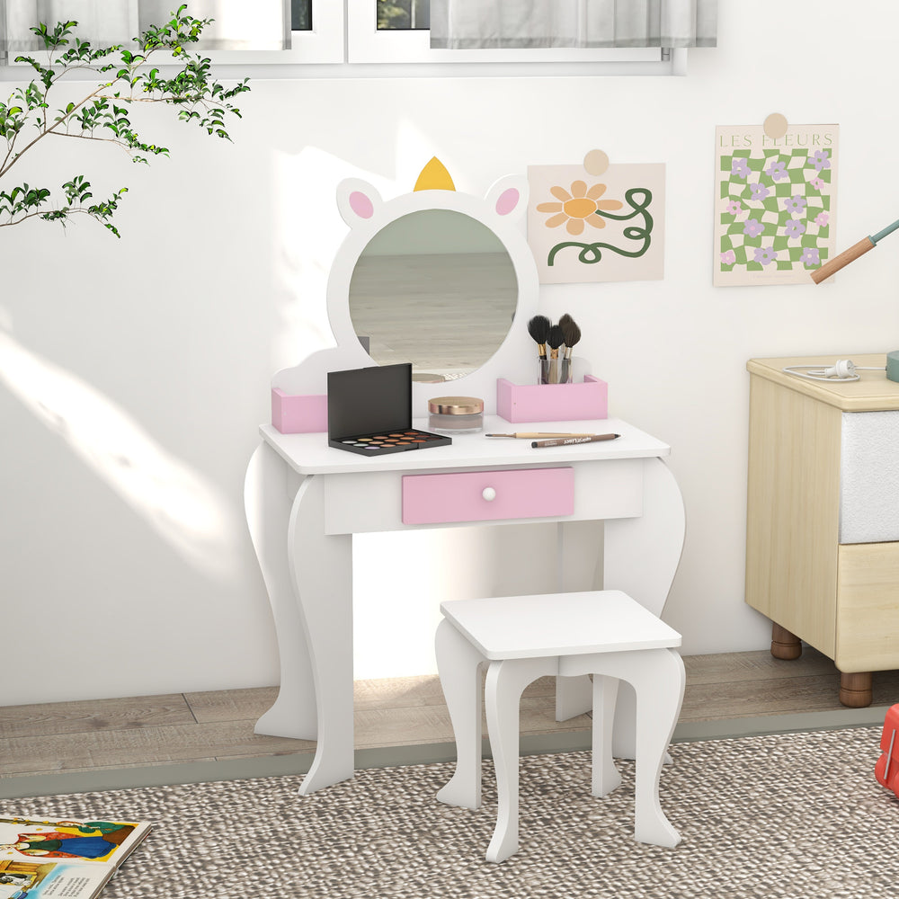 Unicorn Dressing Table with Stool, Mirror, Drawer and Storage Boxes, White